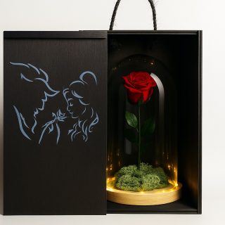 Rosa Eterna Roja en Cristal con Luz LED – Caja de Madera  (Ø15 x 20 cm)